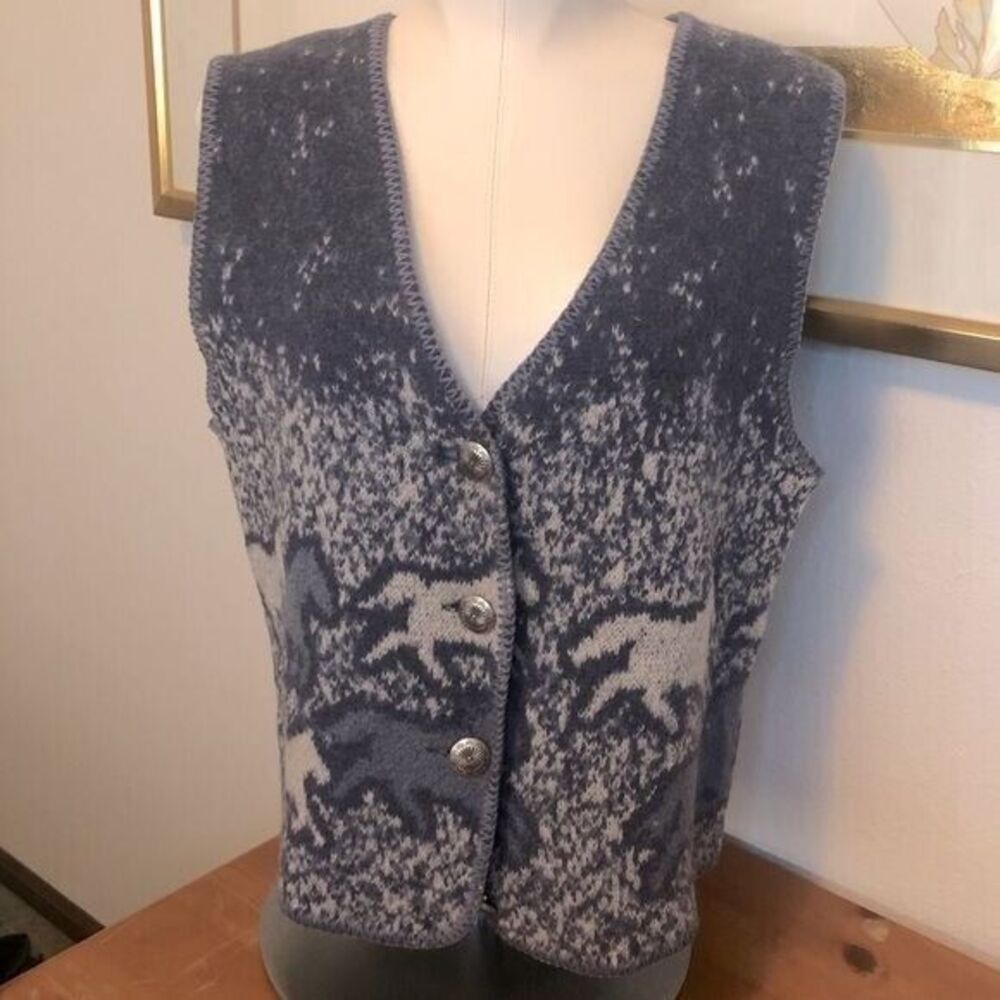 Winona Women's Large‎ Vintage Wool Blue White Knit Horse Southwest Animal Vest